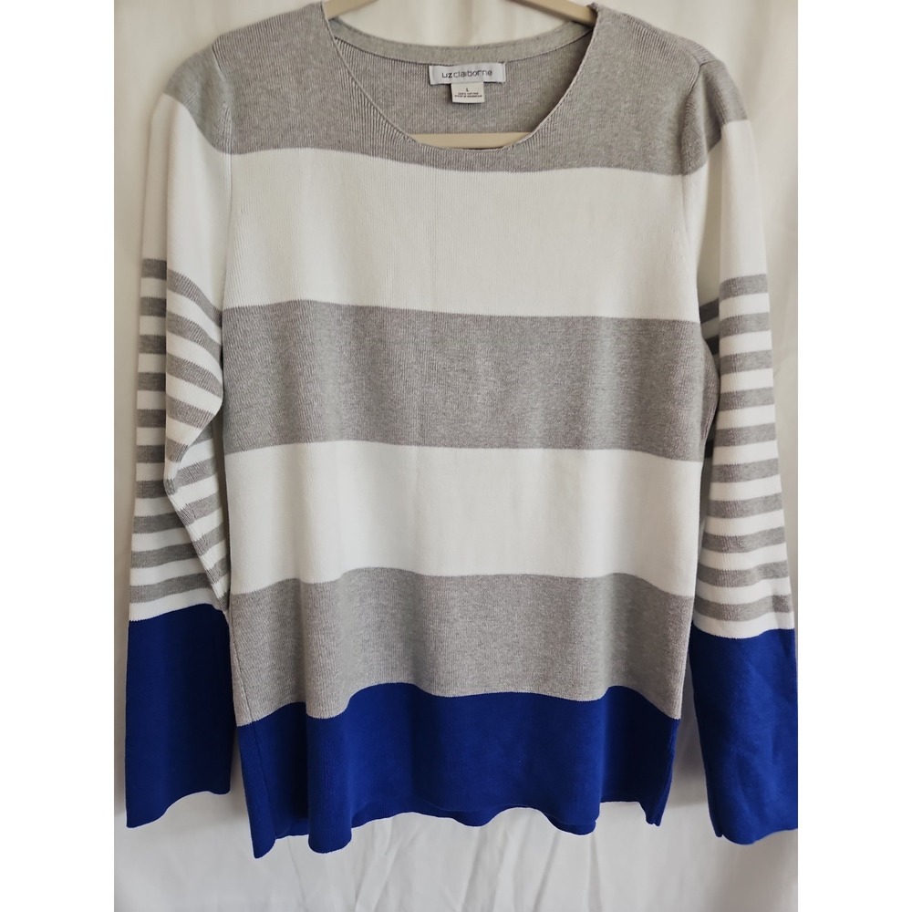 Liz Claiborne Light Sweater Size Large Blue Gray White Stripes
